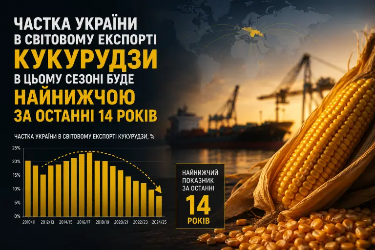Частка України в світовому експорті кукурудзи в цьому сезоні буде найнижчою за останні 14 років — USDA